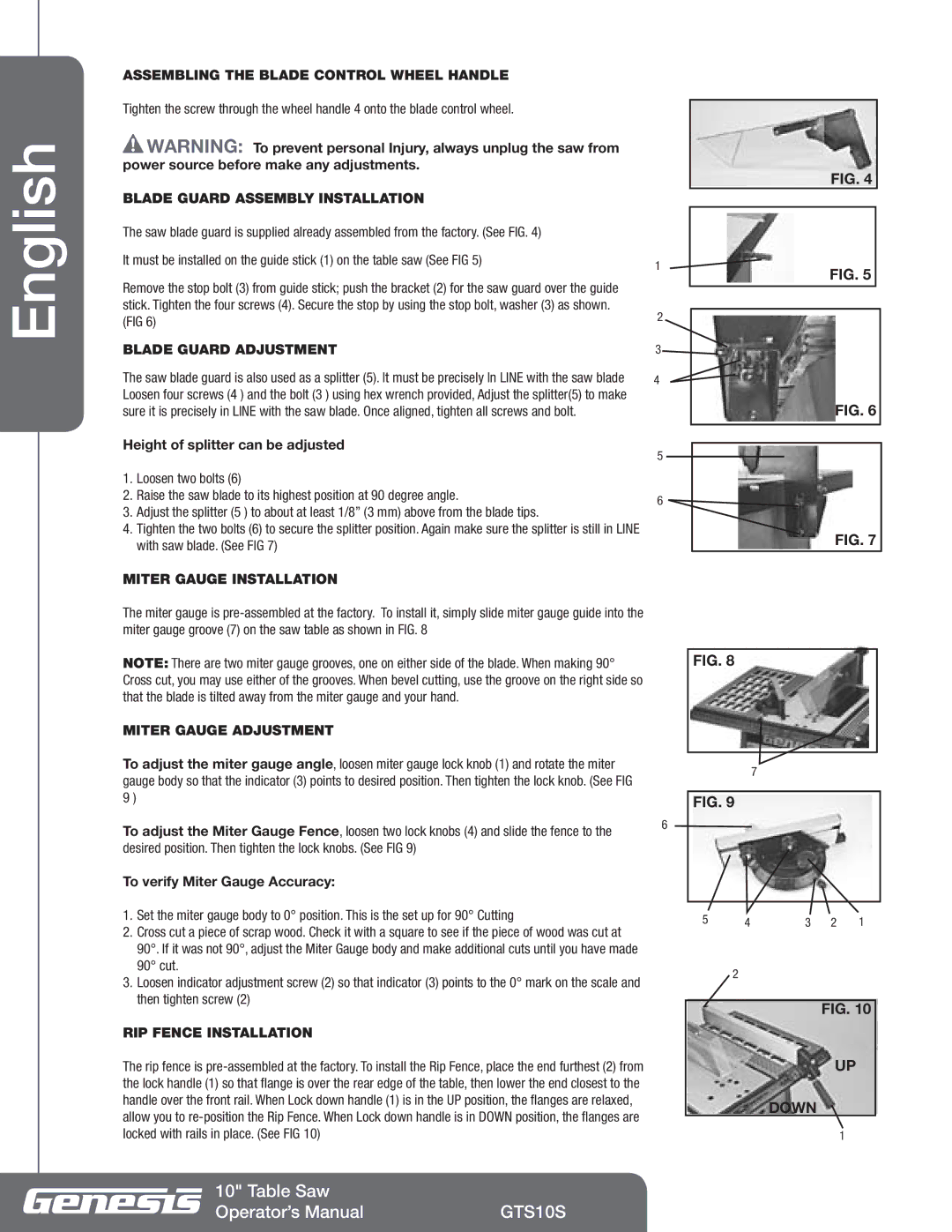 Genesis Advanced Technologies GTS10S Assembling the Blade Control Wheel Handle, Blade Guard Assembly Installation 