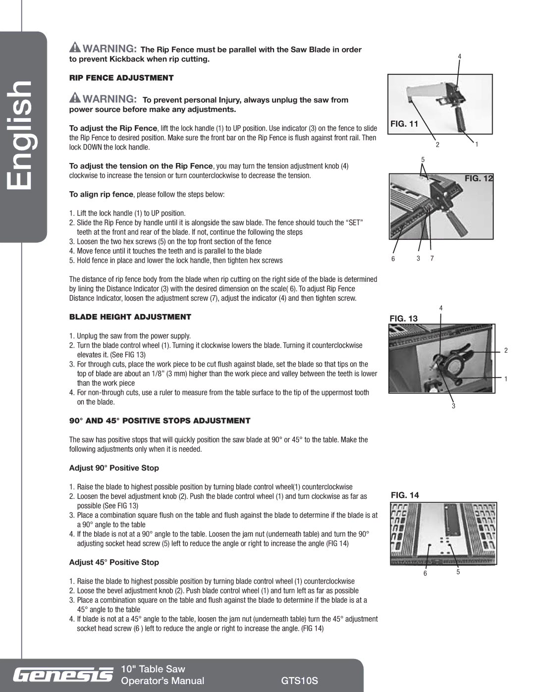 Genesis Advanced Technologies GTS10S RIP Fence Adjustment, Blade Height Adjustment, Positive Stops Adjustment 