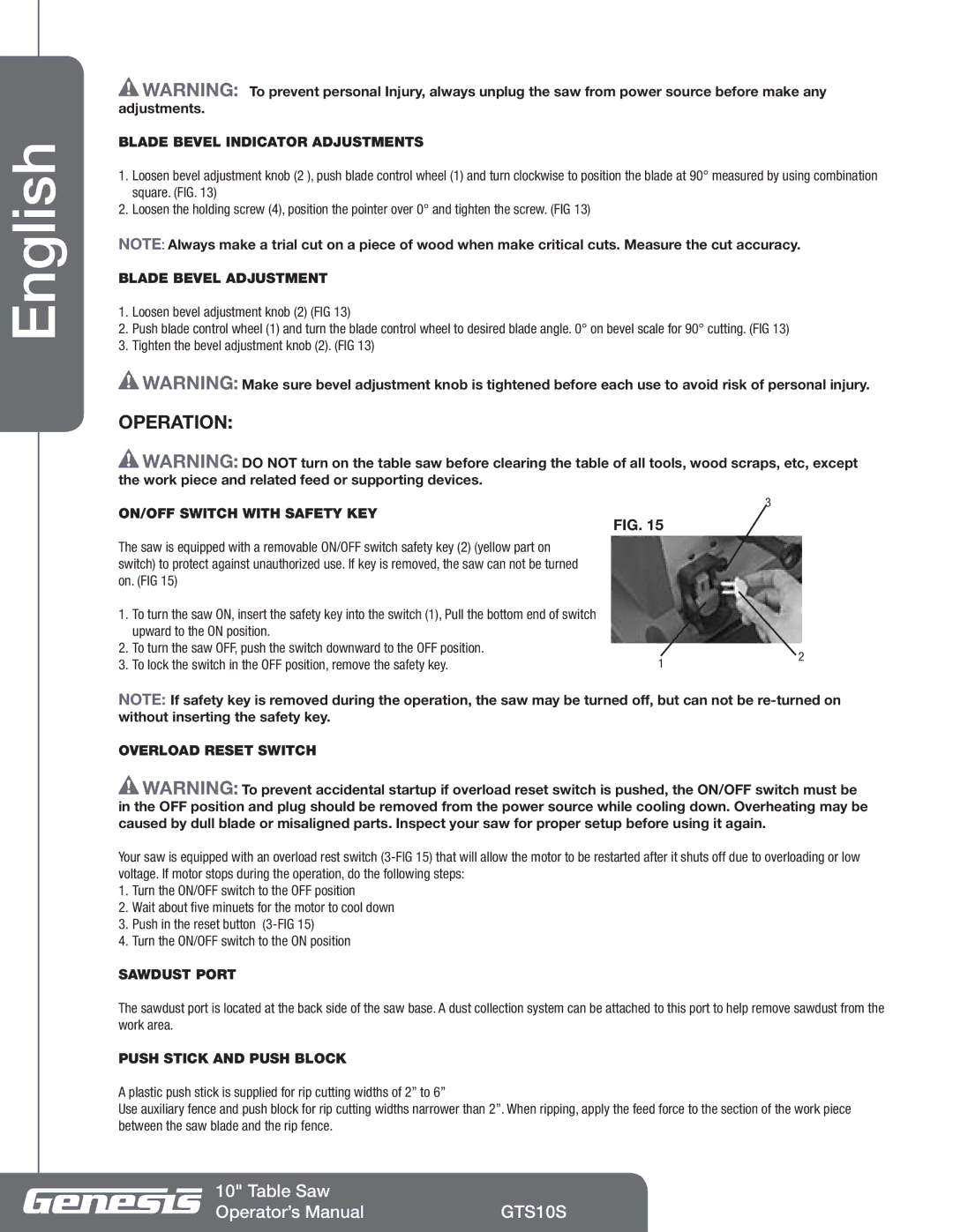 Genesis Advanced Technologies GTS10S manuel dutilisation Operation 