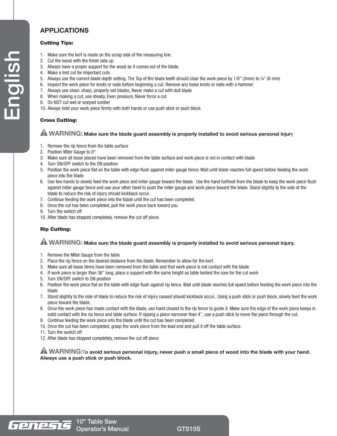 Genesis Advanced Technologies GTS10S manuel dutilisation Applications, Cutting Tips, Cross Cutting, Rip Cutting 