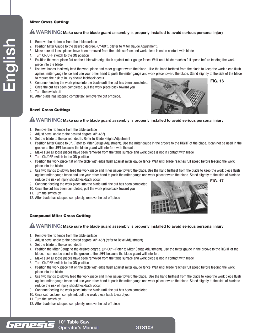 Genesis Advanced Technologies GTS10S manuel dutilisation Bevel Cross Cutting, Compound Miter Cross Cutting 