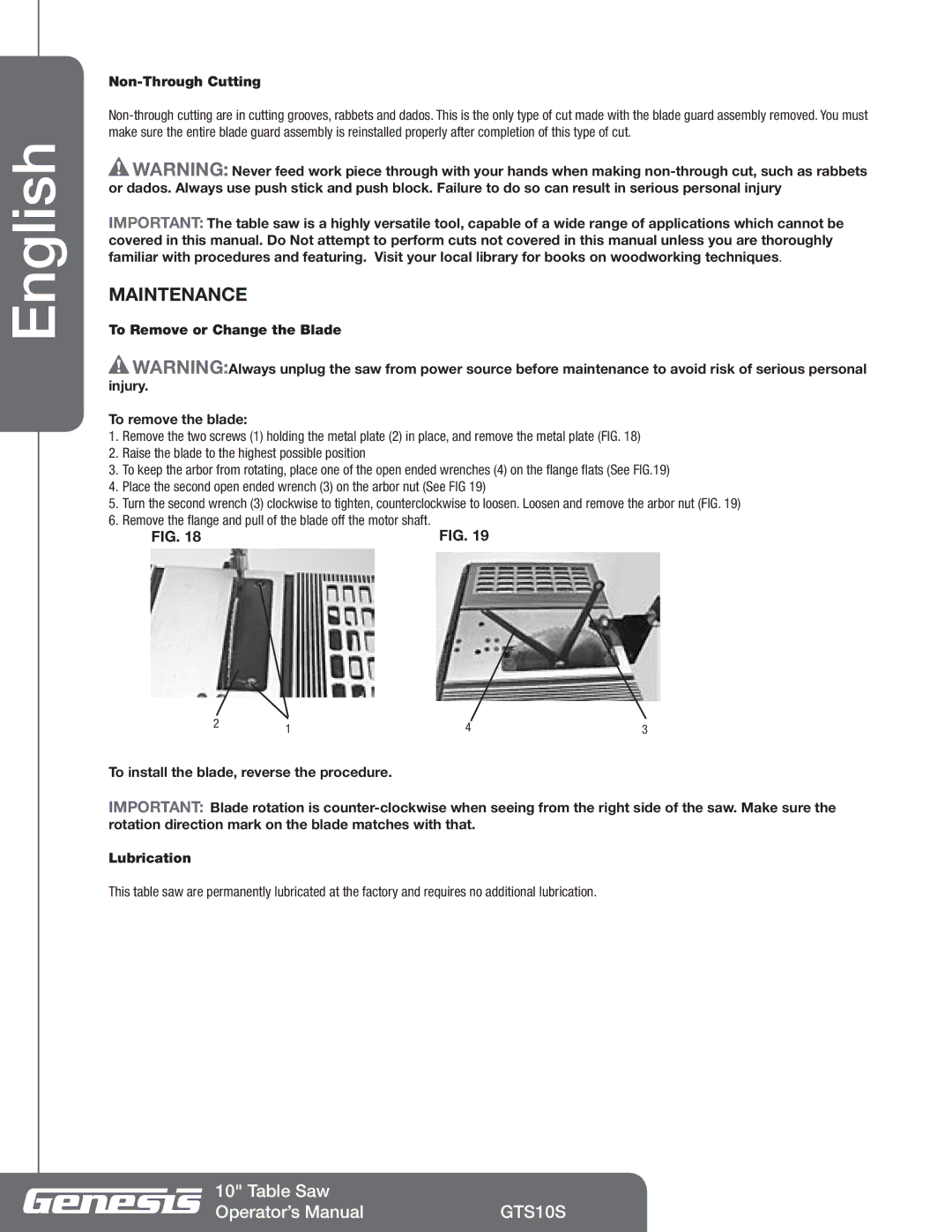 Genesis Advanced Technologies GTS10S Maintenance, Non-Through Cutting, To Remove or Change the Blade To remove the blade 