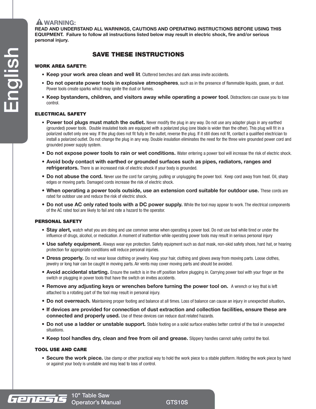 Genesis Advanced Technologies GTS10S Work Area Safety, Electrical Safety, Personal Safety, Tool USE and Care 