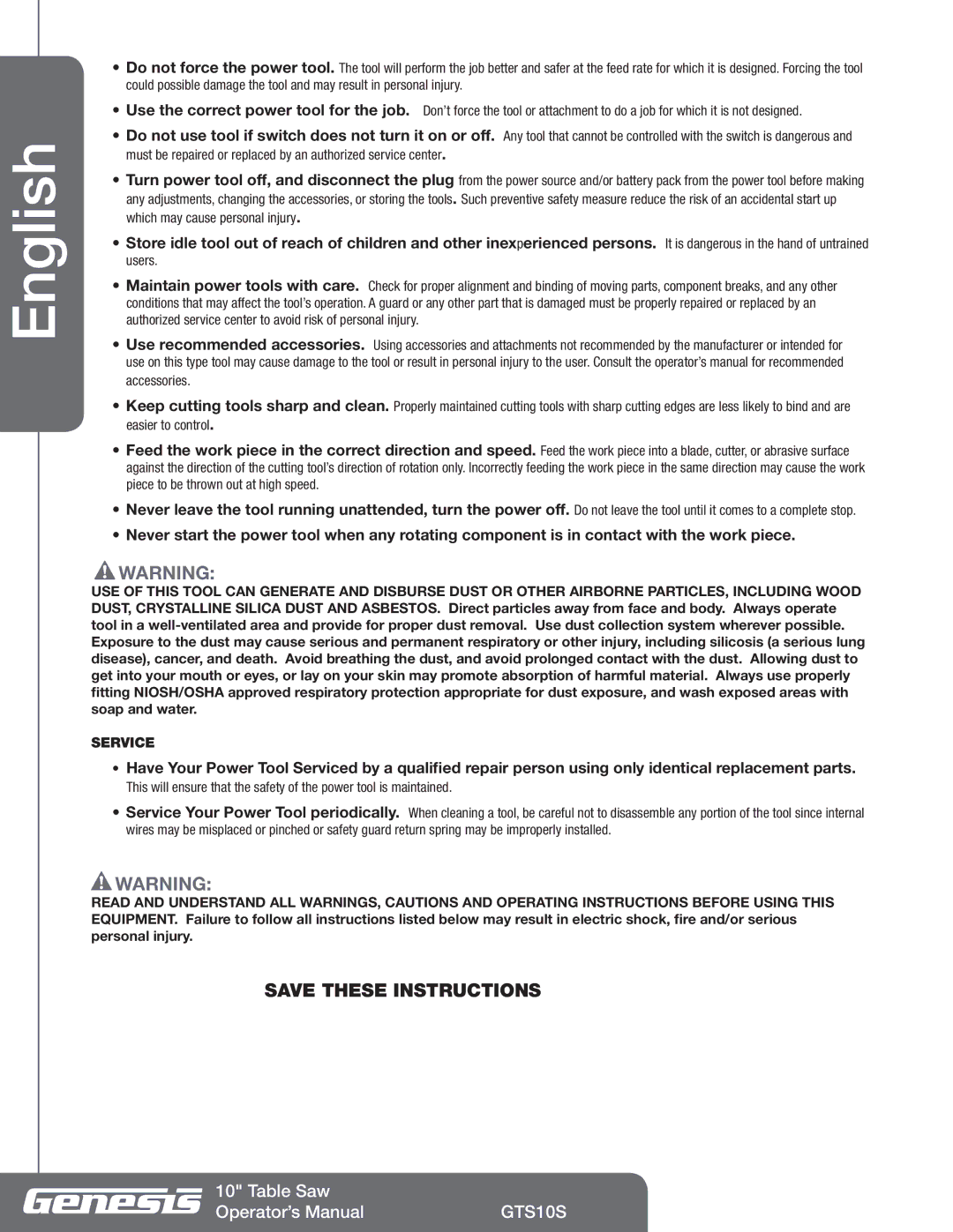 Genesis Advanced Technologies GTS10S manuel dutilisation Service 