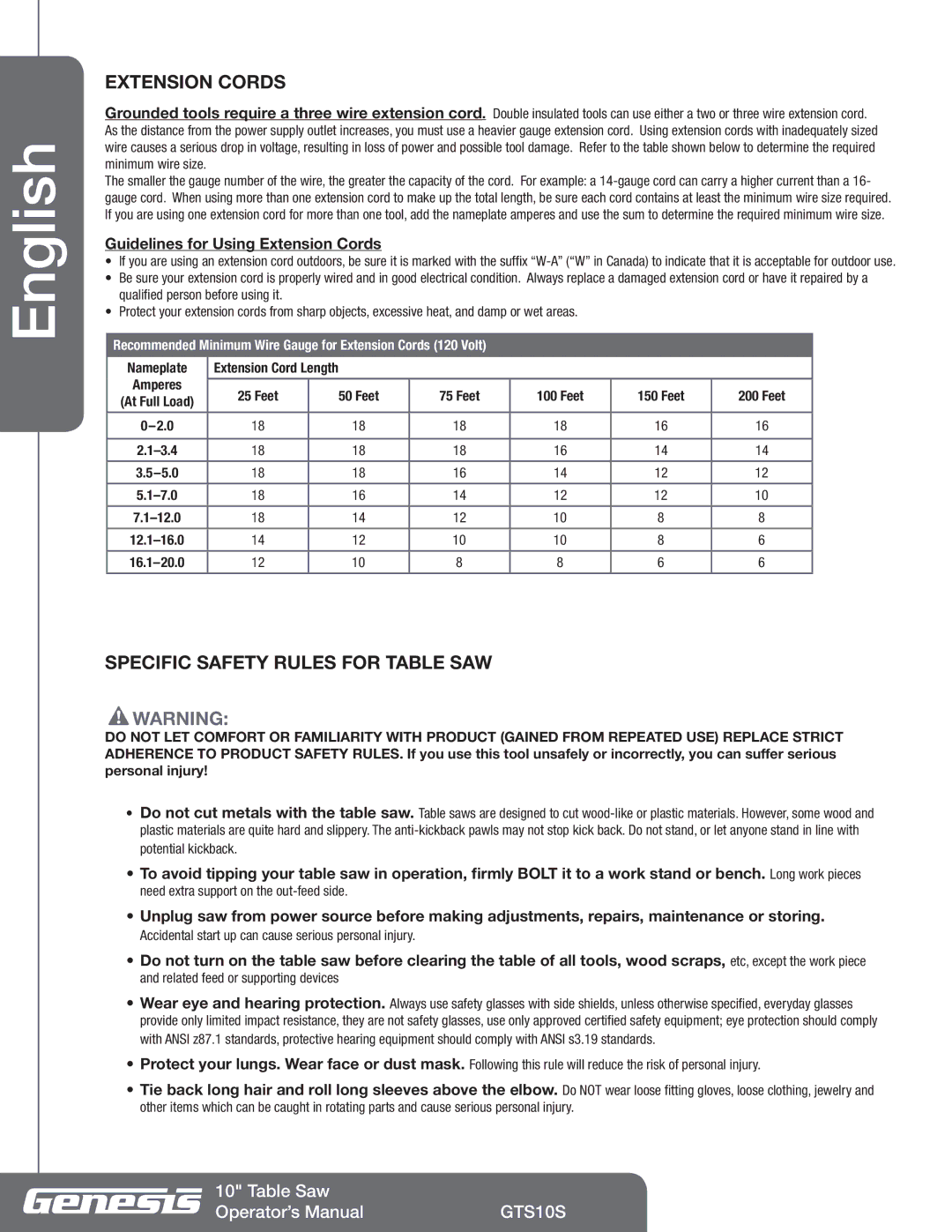 Genesis Advanced Technologies GTS10S manuel dutilisation Extension Cords, Specific Safety Rules for Table SAW 