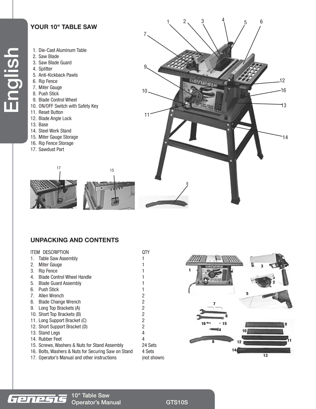 Genesis Advanced Technologies GTS10S manuel dutilisation Your 10 Table SAW, Unpacking and Contents 