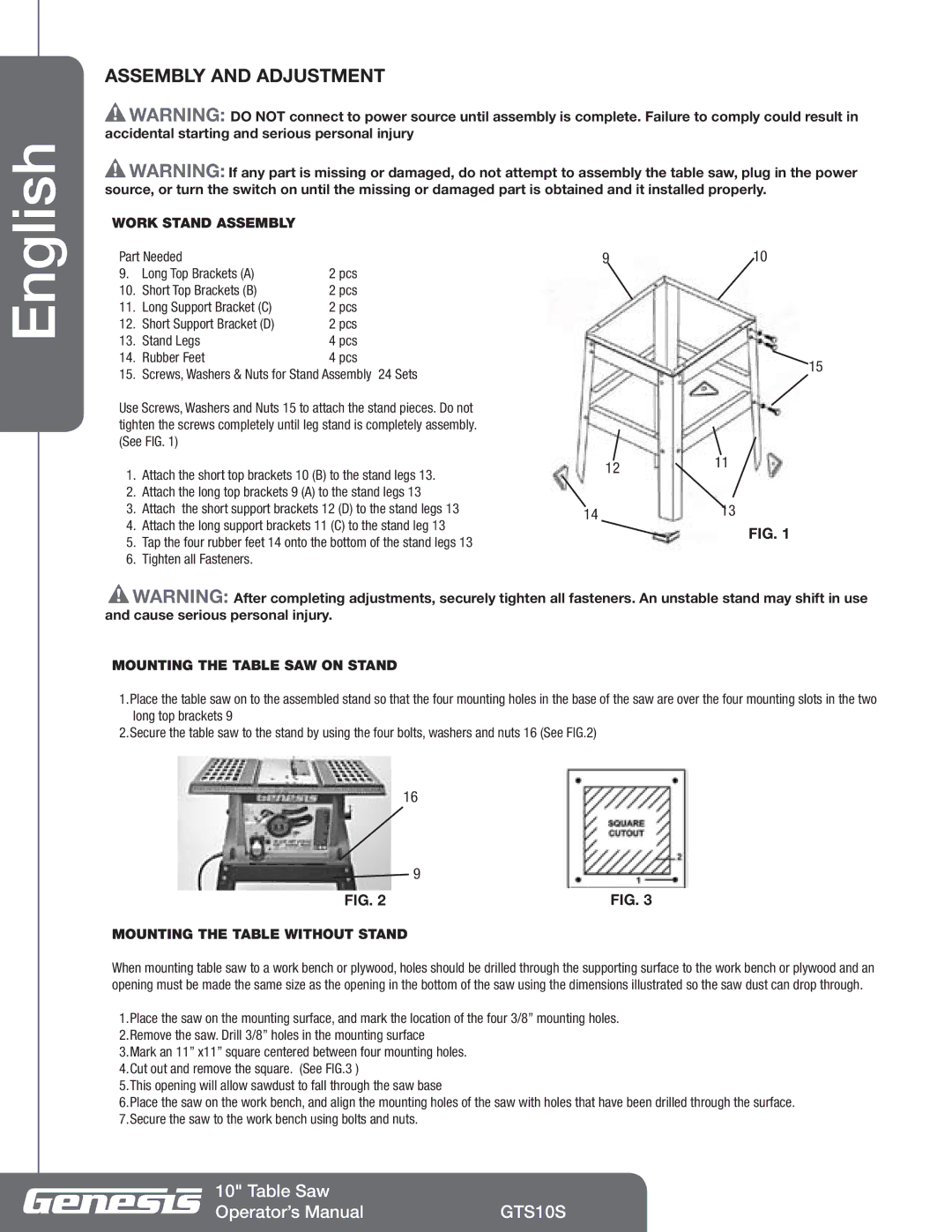 Genesis Advanced Technologies GTS10S Assembly and Adjustment, Work Stand Assembly, Mounting the Table SAW on Stand 