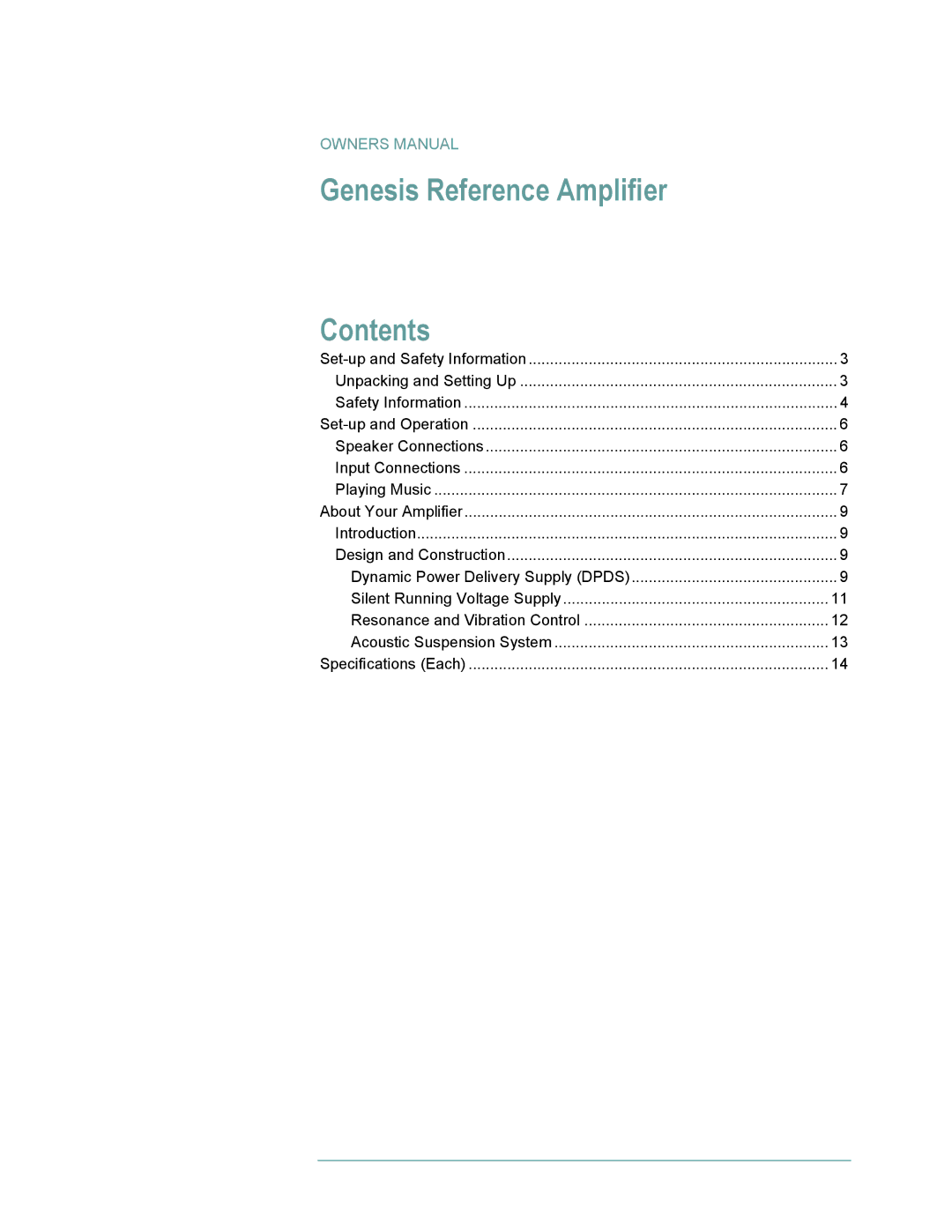 Genesis Advanced Technologies None owner manual Genesis Reference Amplifier, Contents 