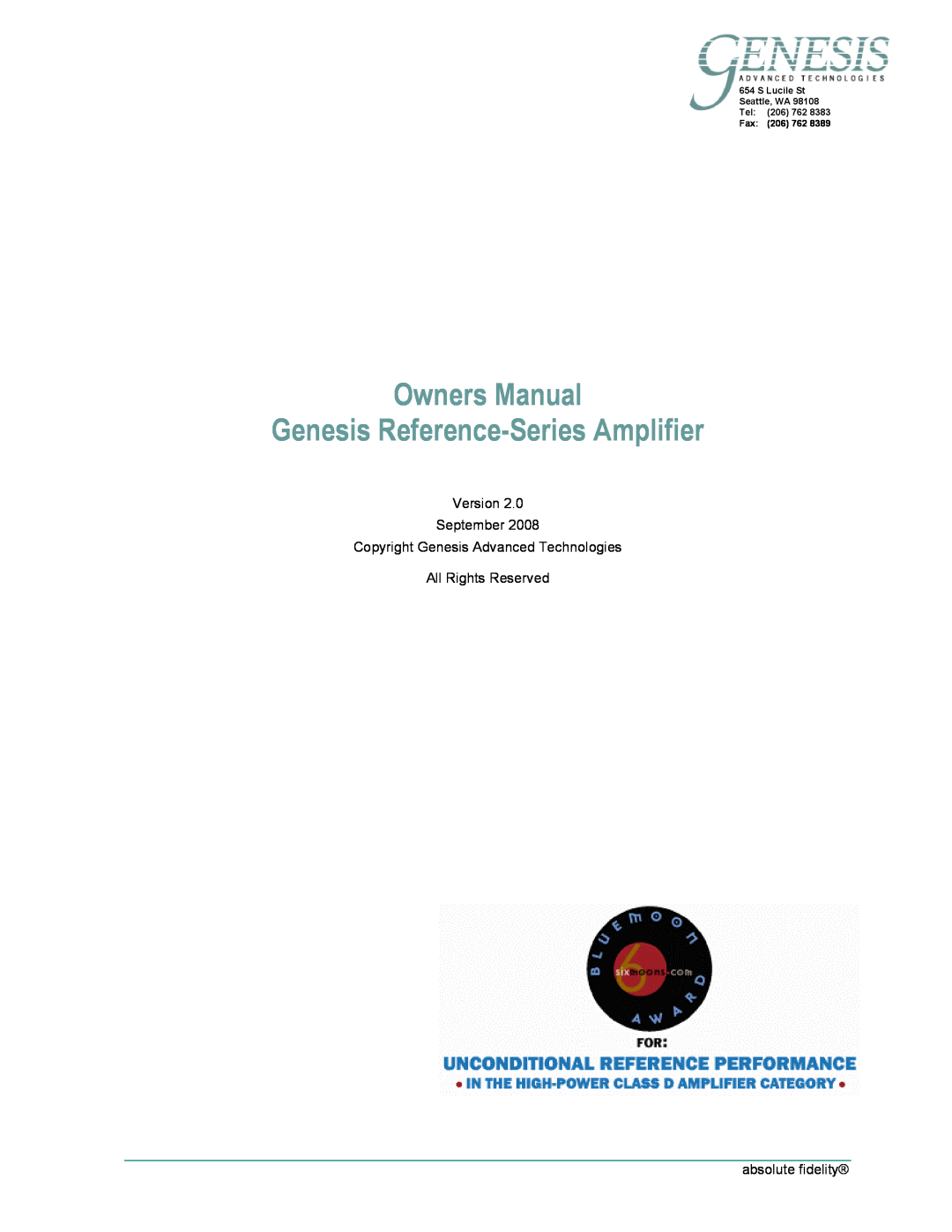 Genesis Advanced Technologies None owner manual Owners Manual Genesis Reference-SeriesAmplifier, Version September 