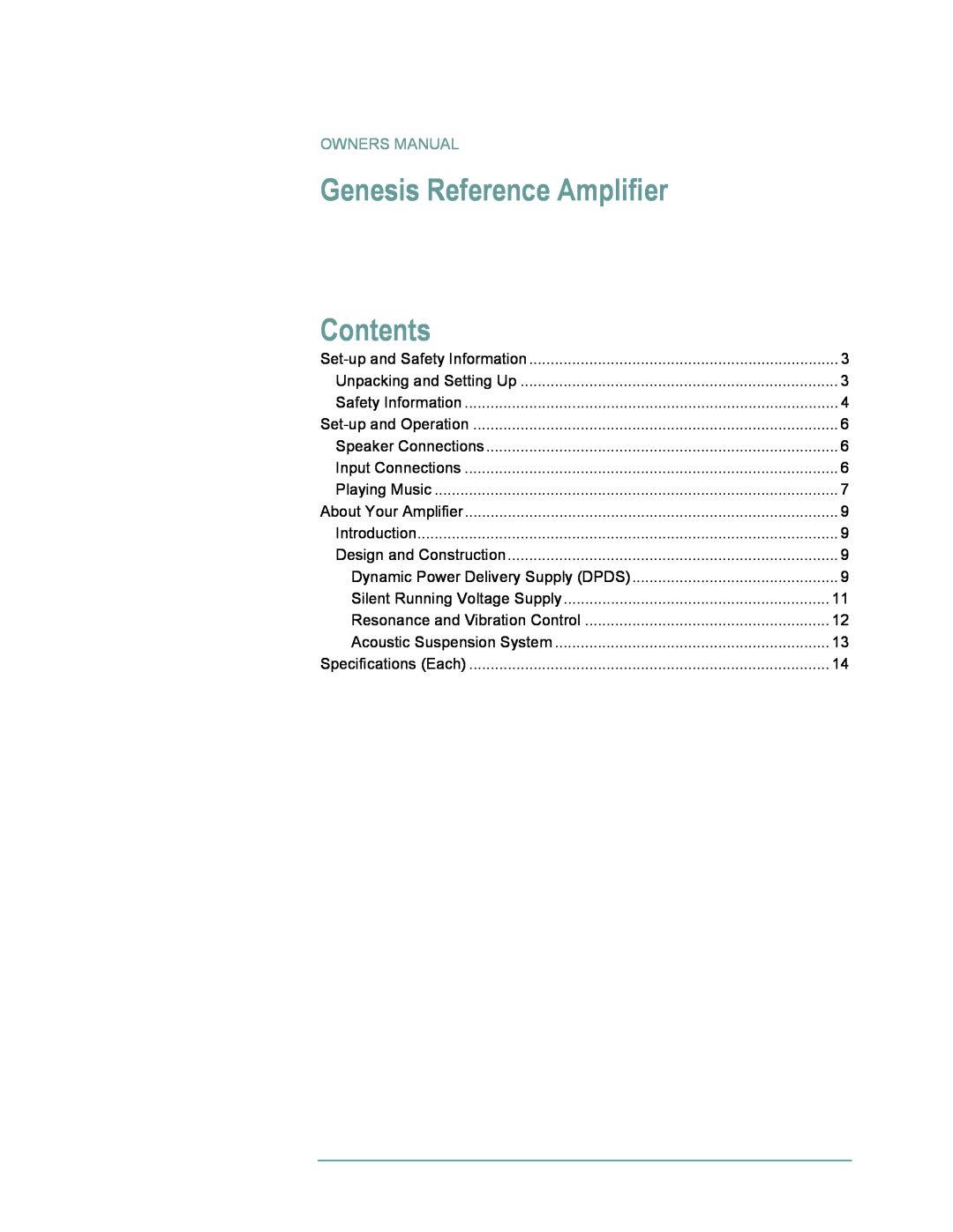 Genesis Advanced Technologies None owner manual Genesis Reference Amplifier, Contents, Owners Manual 