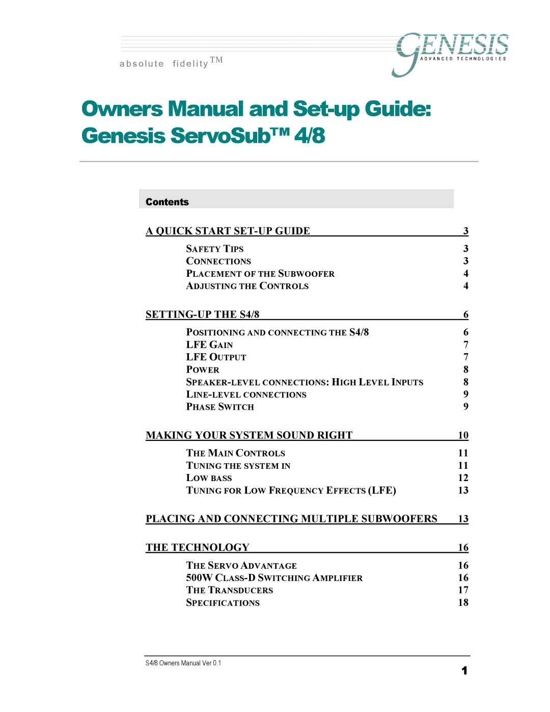 Genesis Advanced Technologies S4/8 owner manual S o l u t e f i d e l i t y 