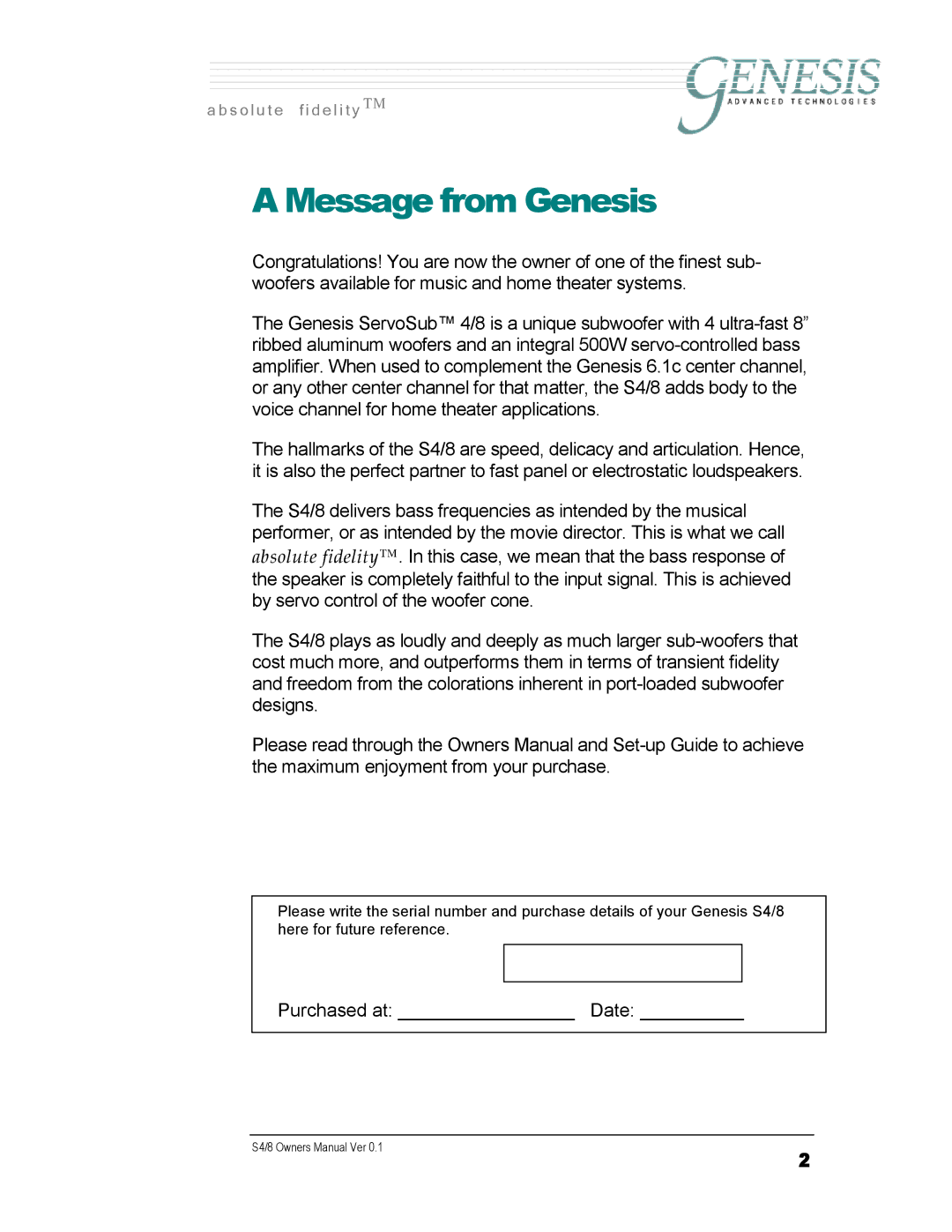 Genesis Advanced Technologies S4/8 owner manual Message from Genesis 