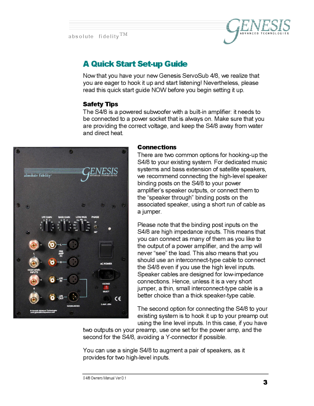 Genesis Advanced Technologies S4/8 owner manual Quick Start Set-up Guide 