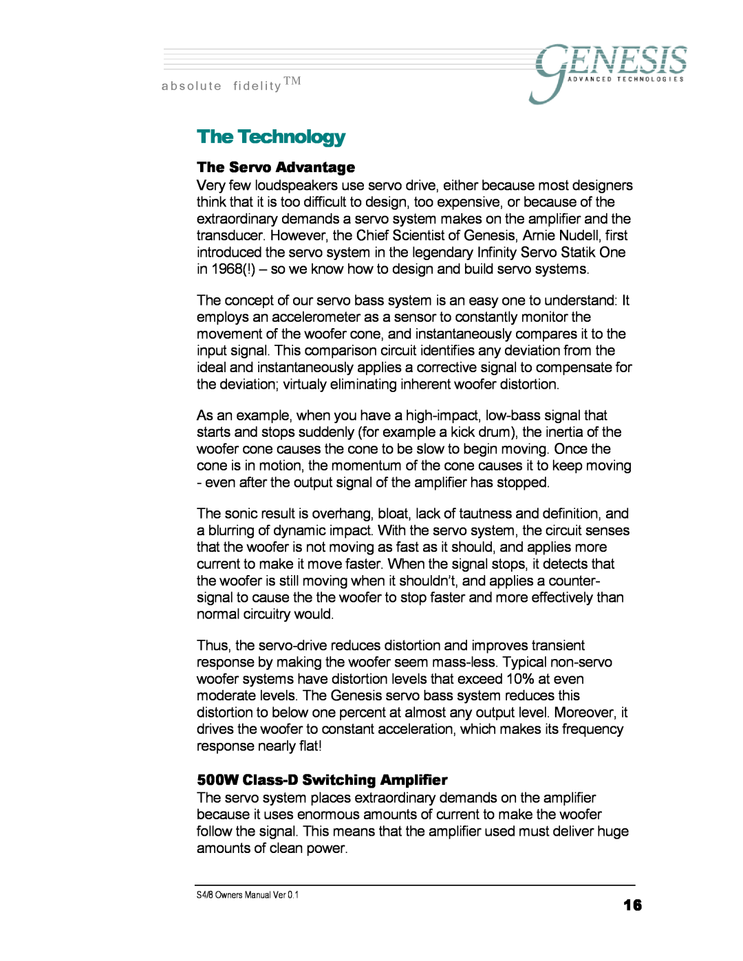 Genesis Advanced Technologies S4/8 owner manual The Technology, a b s o l u t e f i d e l i t y 