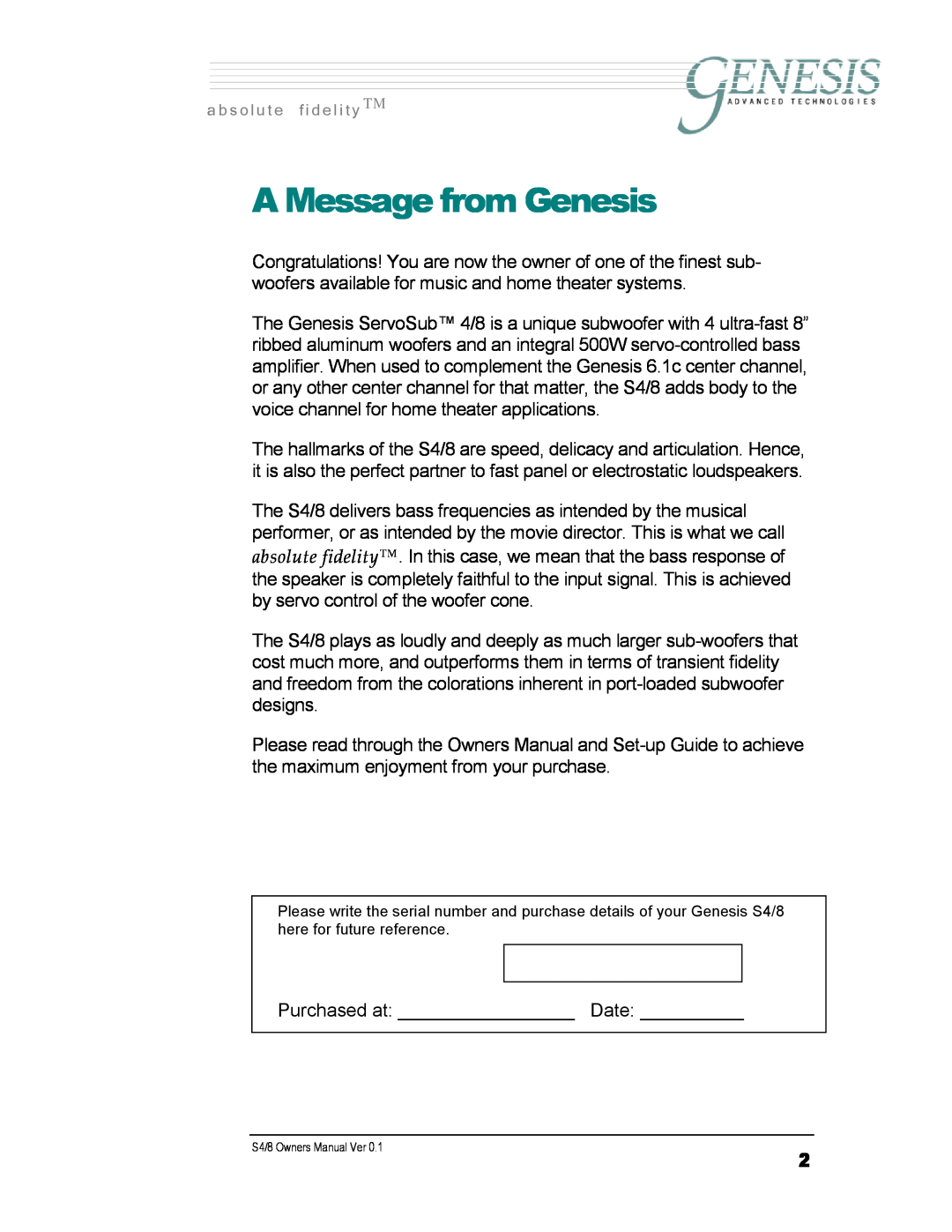Genesis Advanced Technologies S4/8 owner manual A Message from Genesis, a b s o l u t e f i d e l i t y 