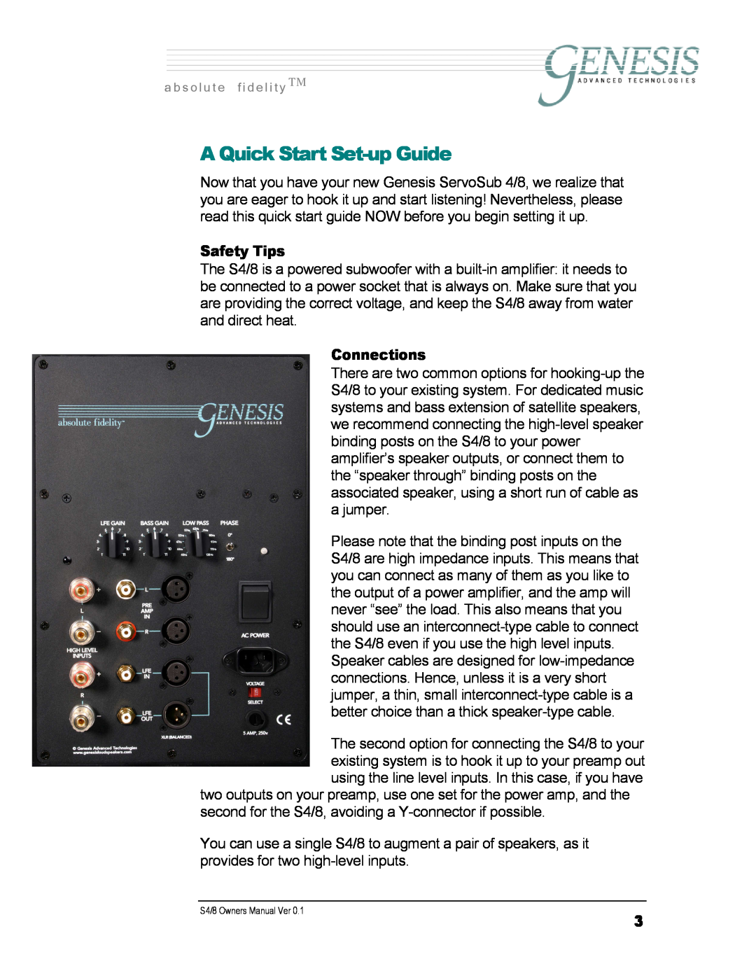 Genesis Advanced Technologies S4/8 owner manual A Quick Start Set-upGuide, a b s o l u t e f i d e l i t y 