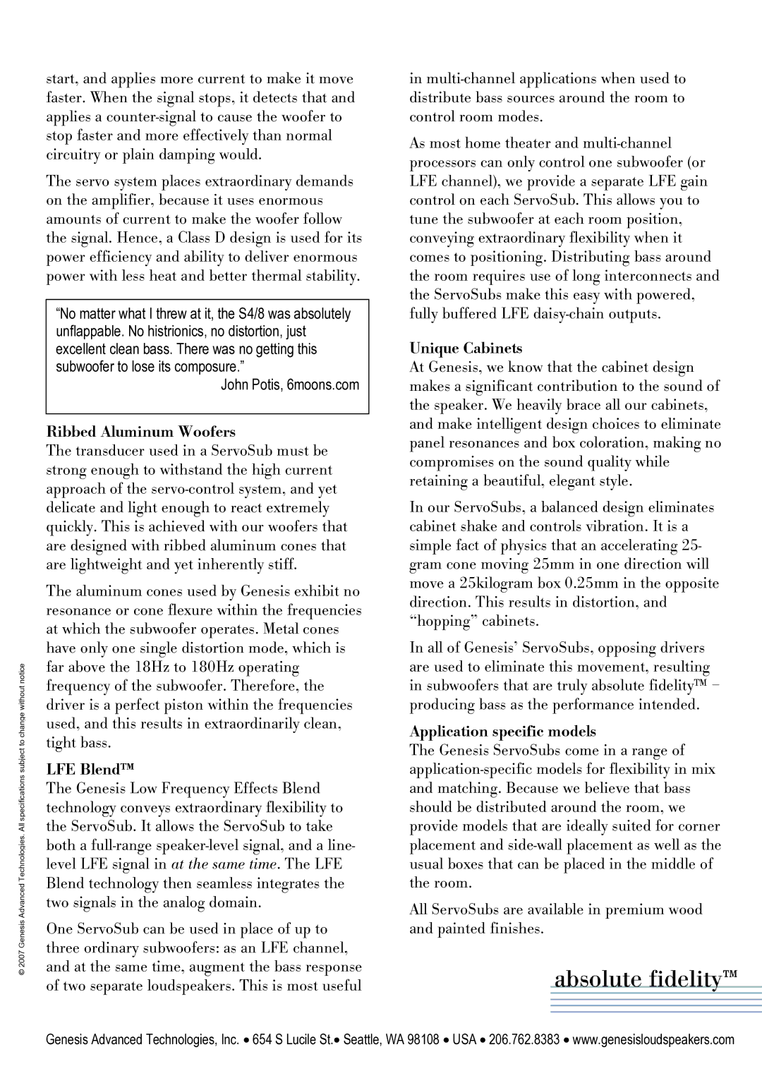 Genesis Advanced Technologies Servo-Subwoofer manual OáÄÄÉÇ=äìãáåìã=tççÑÉêë=, Icb=äÉåÇ»=, RåáèìÉ=`~ÄáåÉíë= 