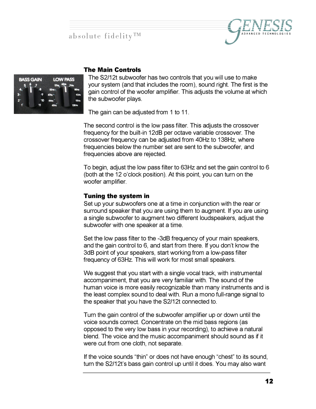 Genesis I.C.E 12t owner manual Main Controls, Tuning the system 