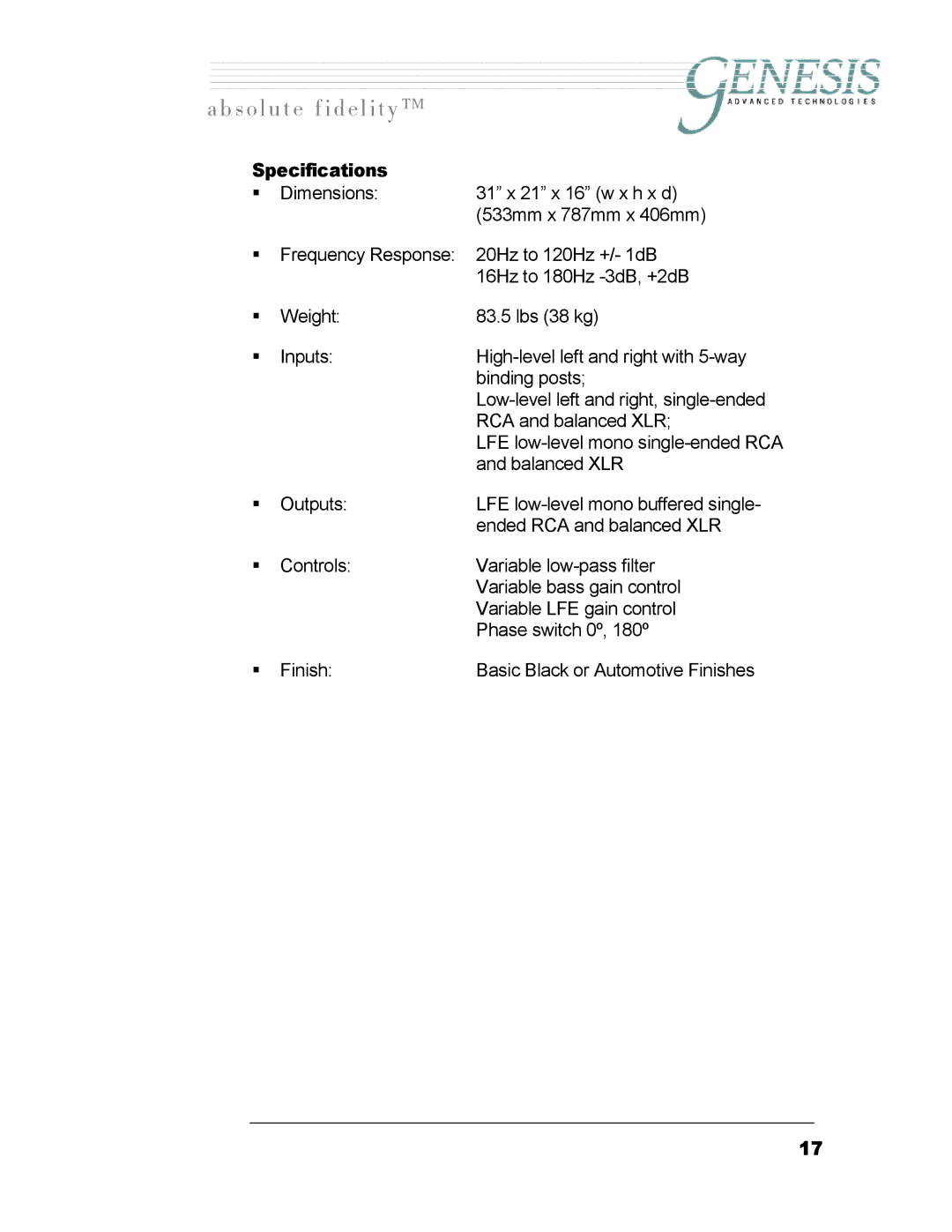 Genesis I.C.E 12t owner manual Specifications 