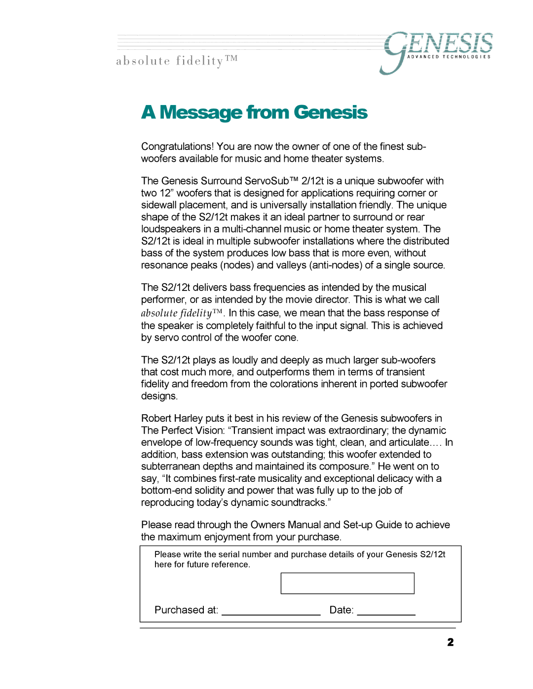 Genesis I.C.E 12t owner manual Message from Genesis 