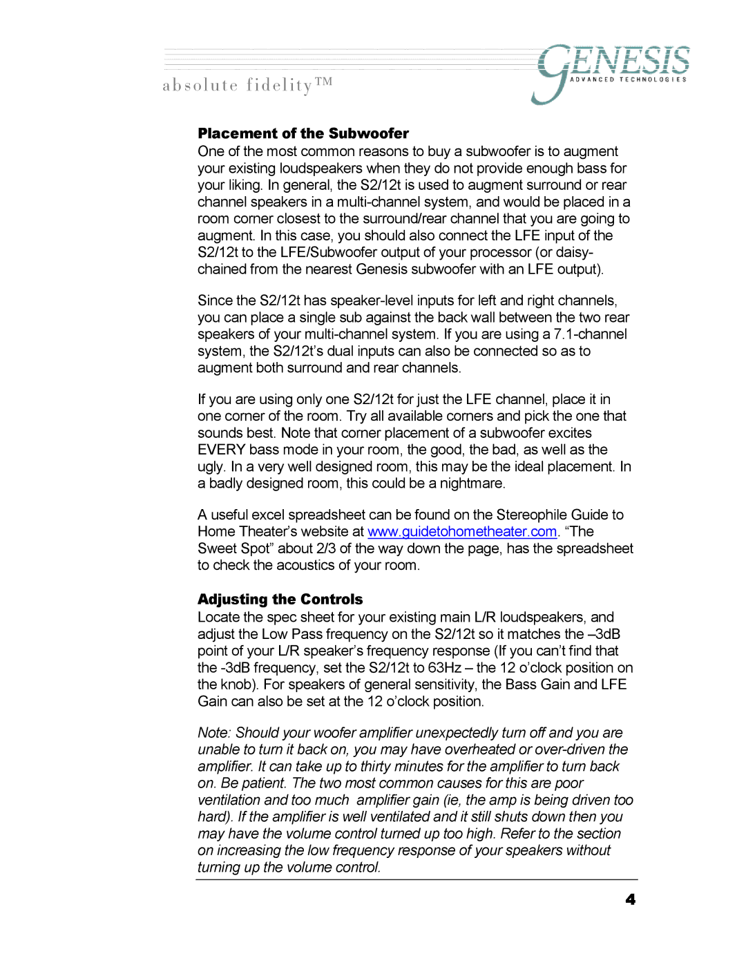 Genesis I.C.E 12t owner manual Placement of the Subwoofer, Adjusting the Controls 