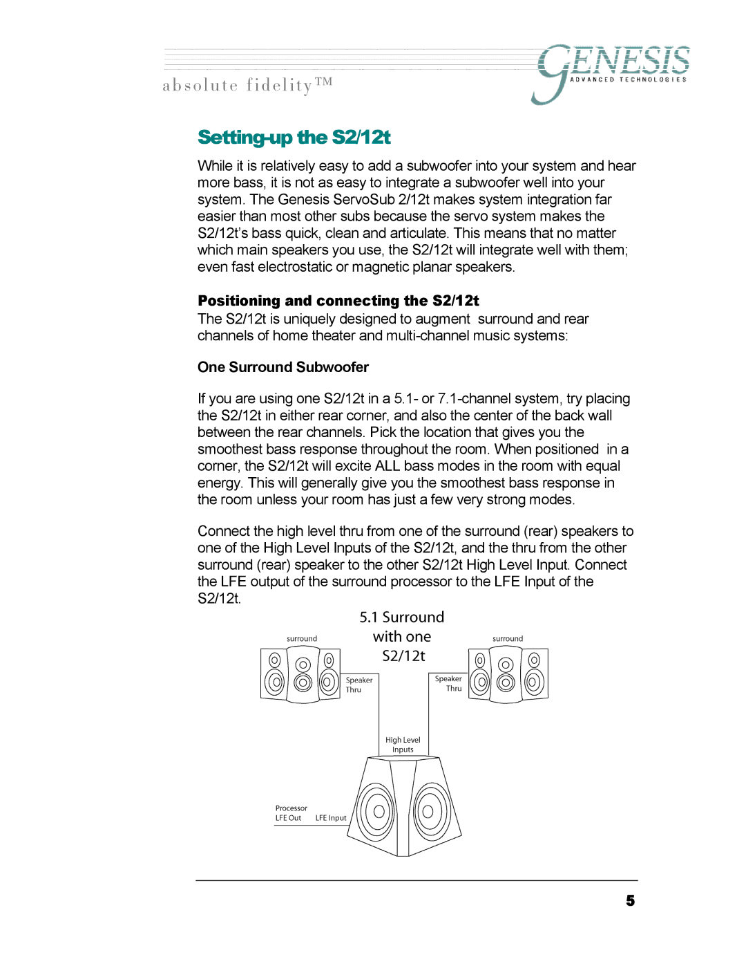 Genesis I.C.E owner manual Setting-up the S2/12t, Positioning and connecting the S2/12t, One Surround Subwoofer 