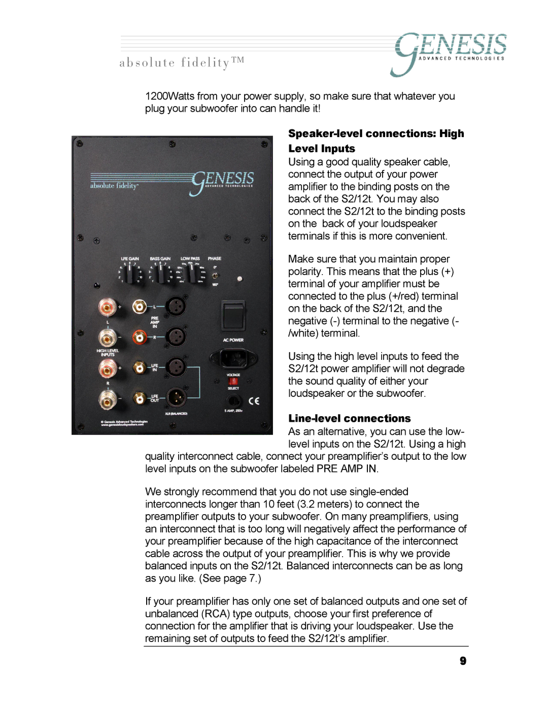 Genesis I.C.E 12t owner manual Speaker-level connections High Level Inputs, Line-level connections 