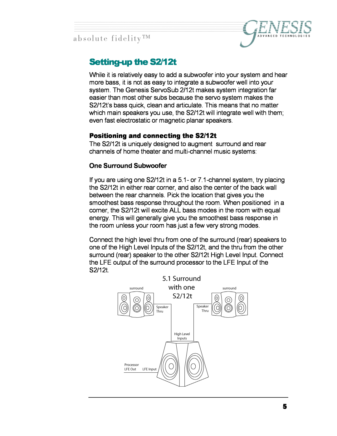 Genesis I.C.E owner manual Setting-upthe S2/12t, Positioning and connecting the S2/12t, One Surround Subwoofer 