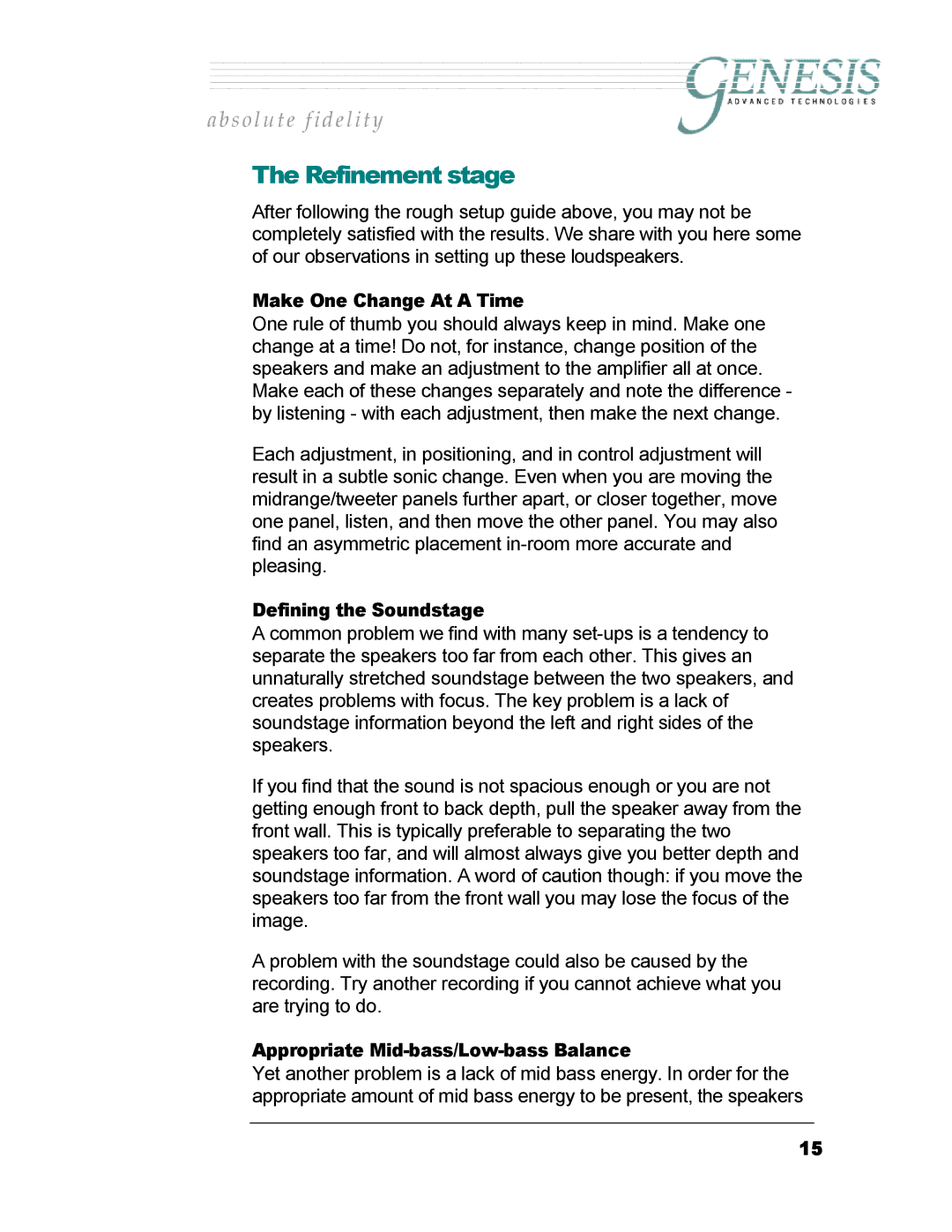 Genesis I.C.E 201 owner manual Make One Change At a Time, Defining the Soundstage, Appropriate Mid-bass/Low-bass Balance 