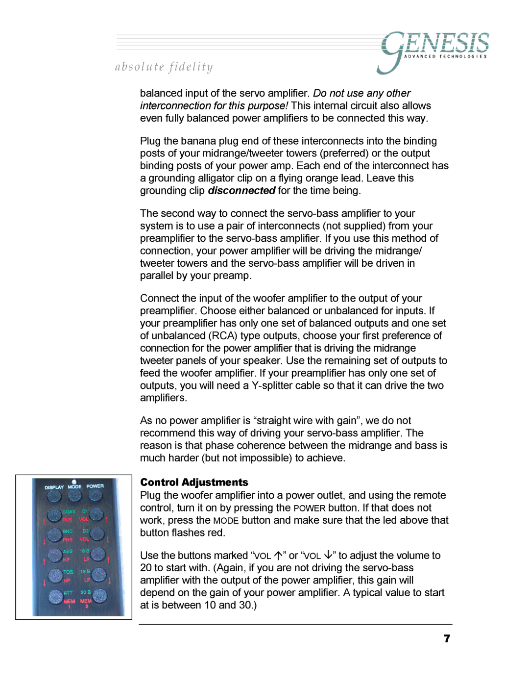 Genesis I.C.E 201 owner manual Control Adjustments 