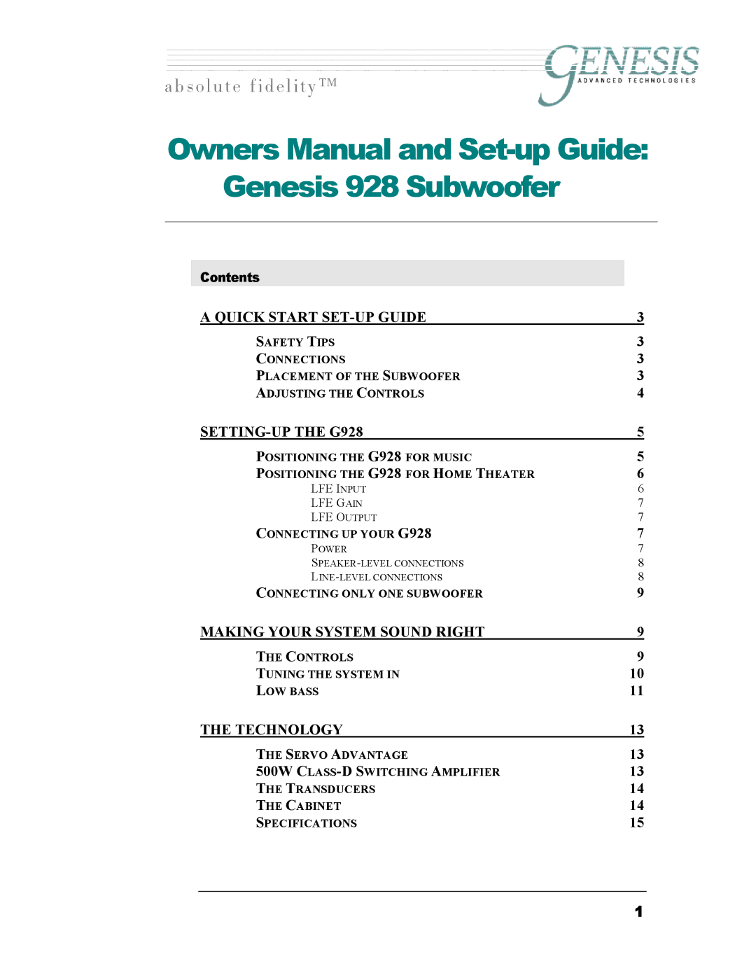 Genesis I.C.E owner manual Genesis 928 Subwoofer 