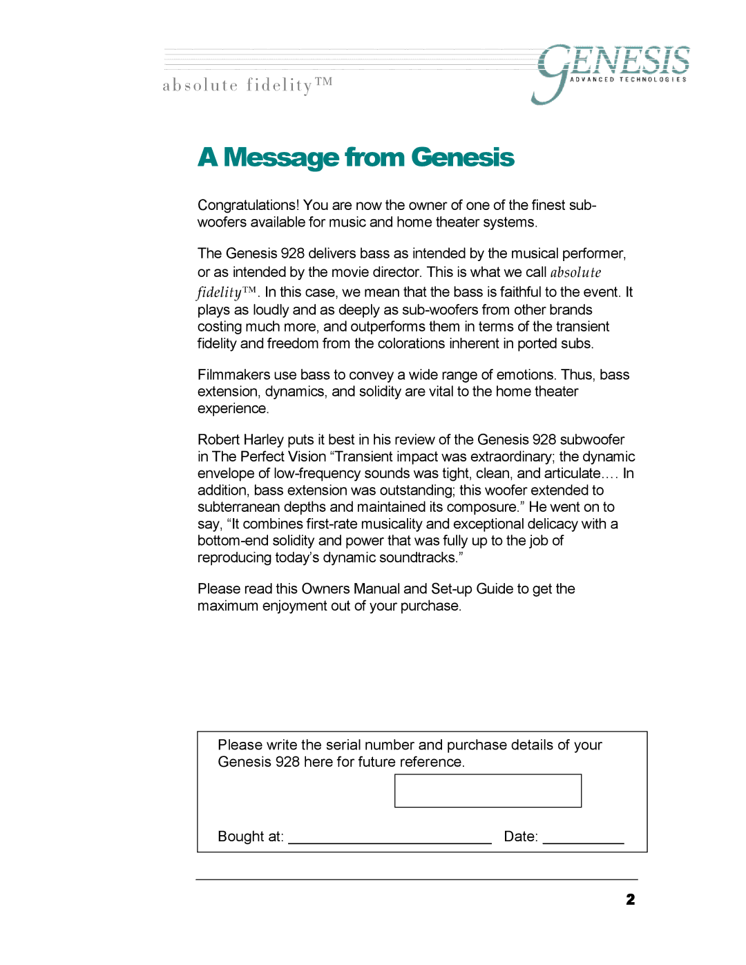 Genesis I.C.E 928 owner manual Message from Genesis 