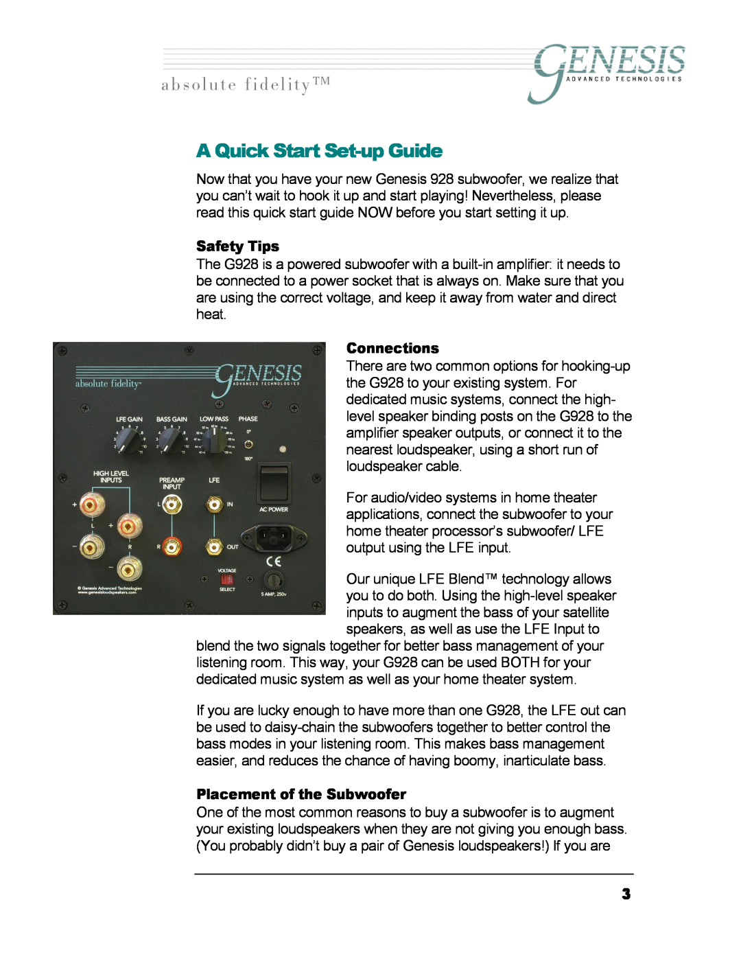 Genesis I.C.E 928 owner manual A Quick Start Set-upGuide, Safety Tips, Connections, Placement of the Subwoofer 