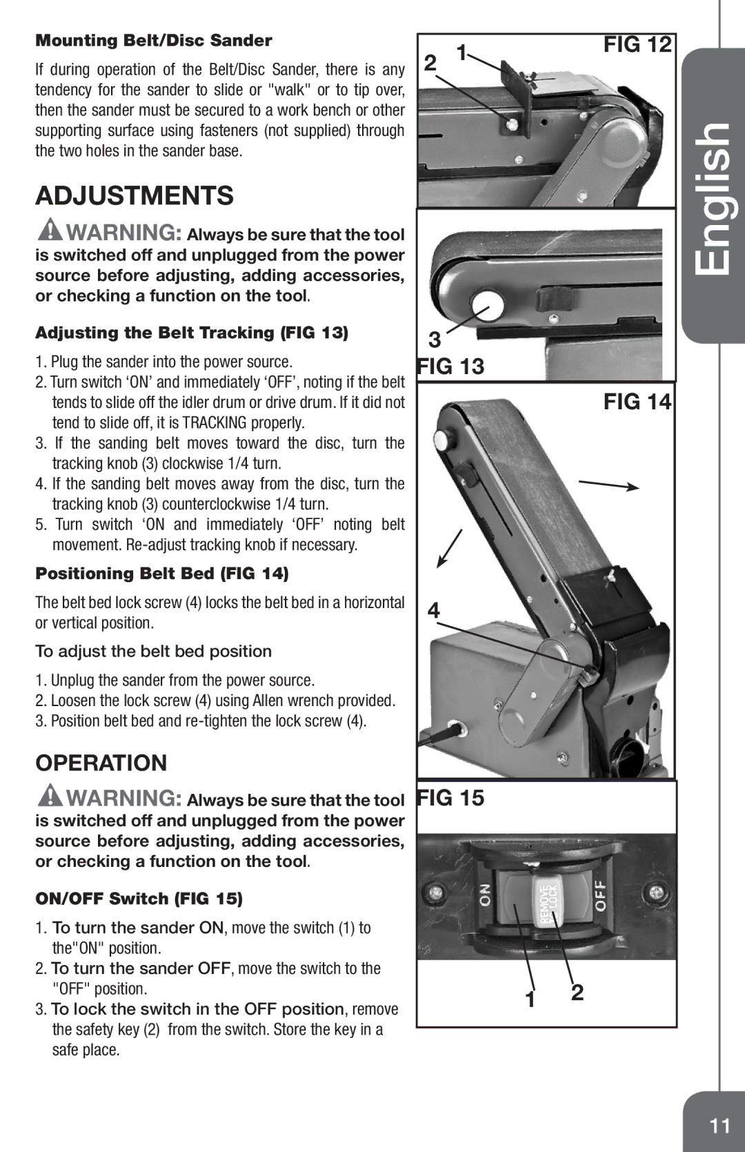 Genesis I.C.E GBDS450 Operation, Mounting Belt/Disc Sander, Adjusting the Belt Tracking FIG, Positioning Belt Bed FIG 