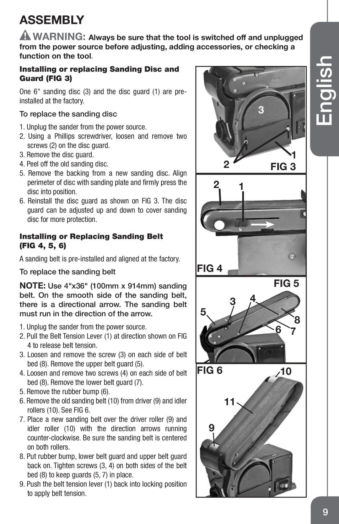 Genesis I.C.E GBDS450 Installing or replacing Sanding Disc and Guard FIG, Installing or Replacing Sanding Belt , 5 