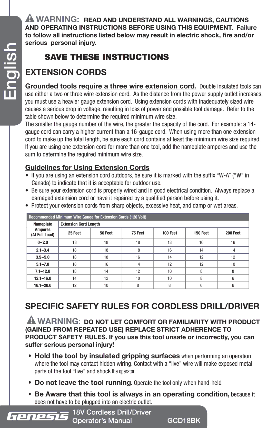 Genesis I.C.E GCD18BK manuel dutilisation Extension Cords, Specific Safety Rules for Cordless DRILL/DRIVER 