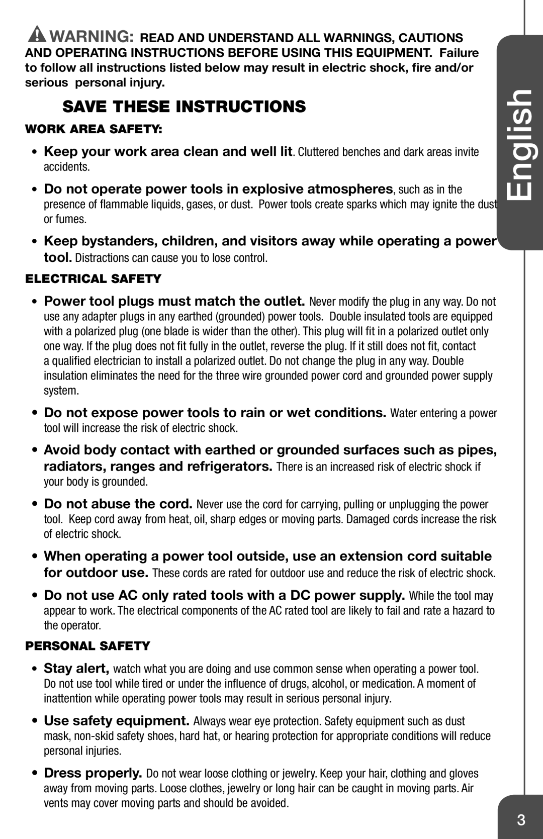 Genesis I.C.E GCD18BK Save These Instructions, English, Work Area Safety, Electrical Safety, Personal Safety 