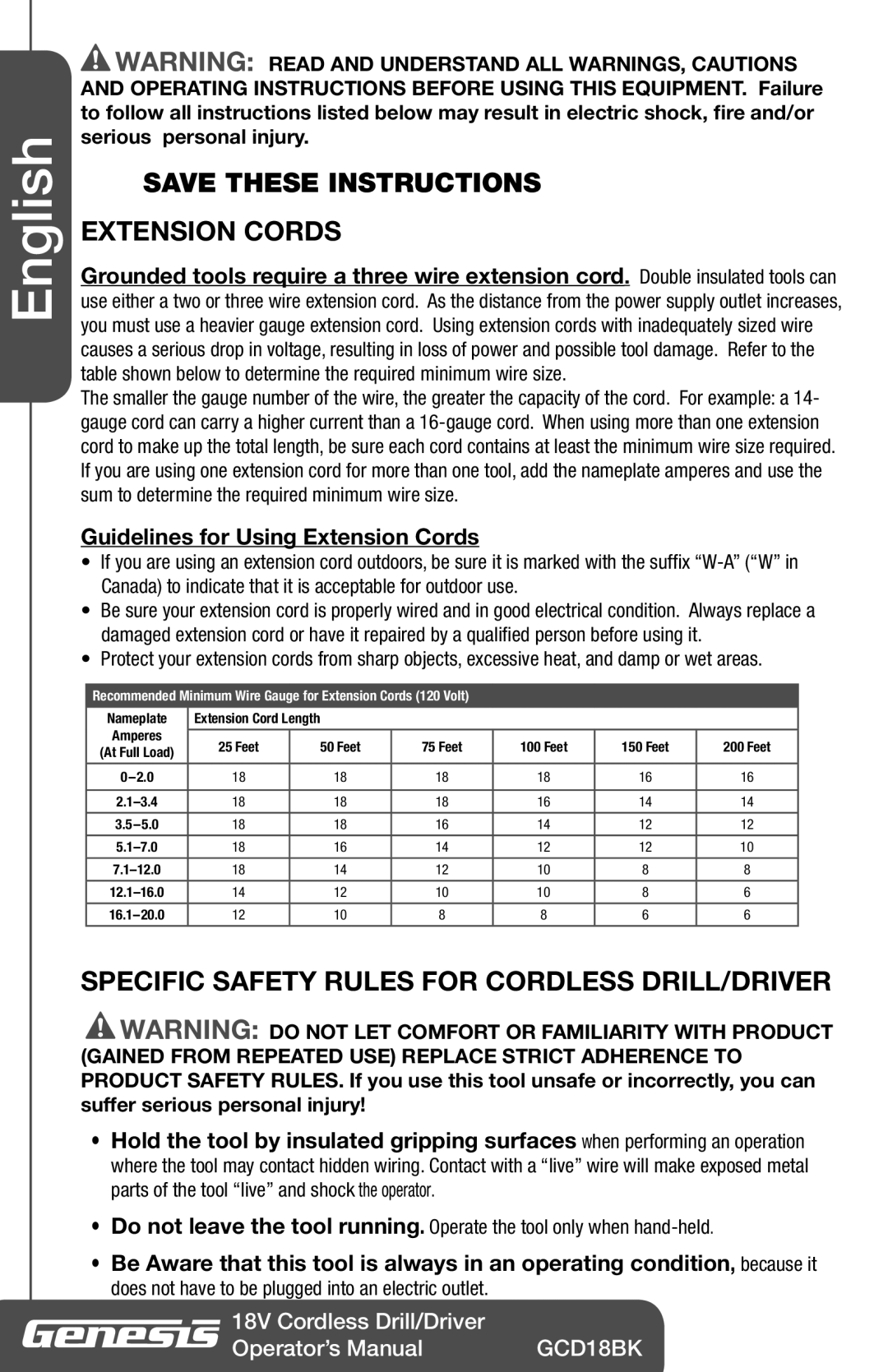 Genesis I.C.E GCD18BK Save These Instructions Extension Cords, Specific Safety Rules For Cordless Drill/Driver, English 
