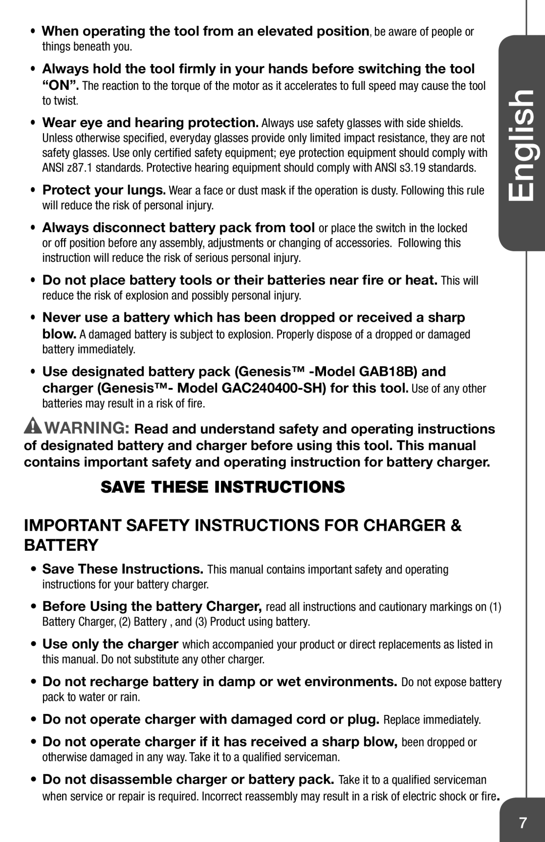 Genesis I.C.E GCD18BK Important Safety Instructions For Charger & Battery, English, Save These Instructions 
