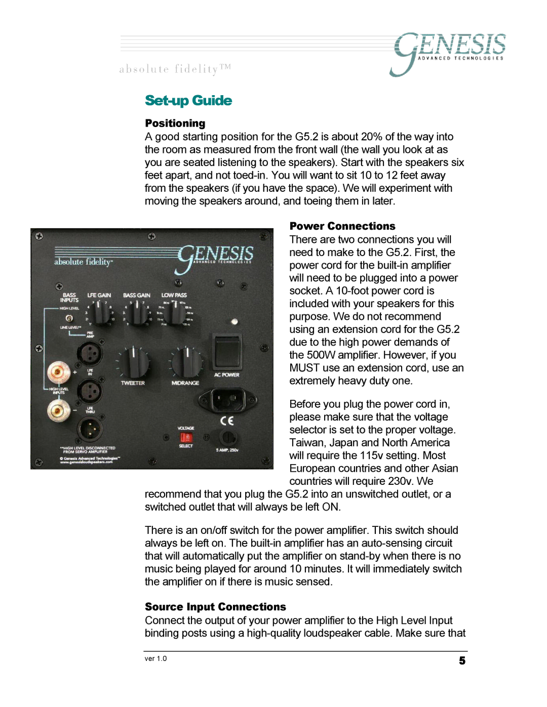 Genesis I.C.E Genesis 5.2 owner manual Set-up Guide, Positioning, Power Connections, Source Input Connections 