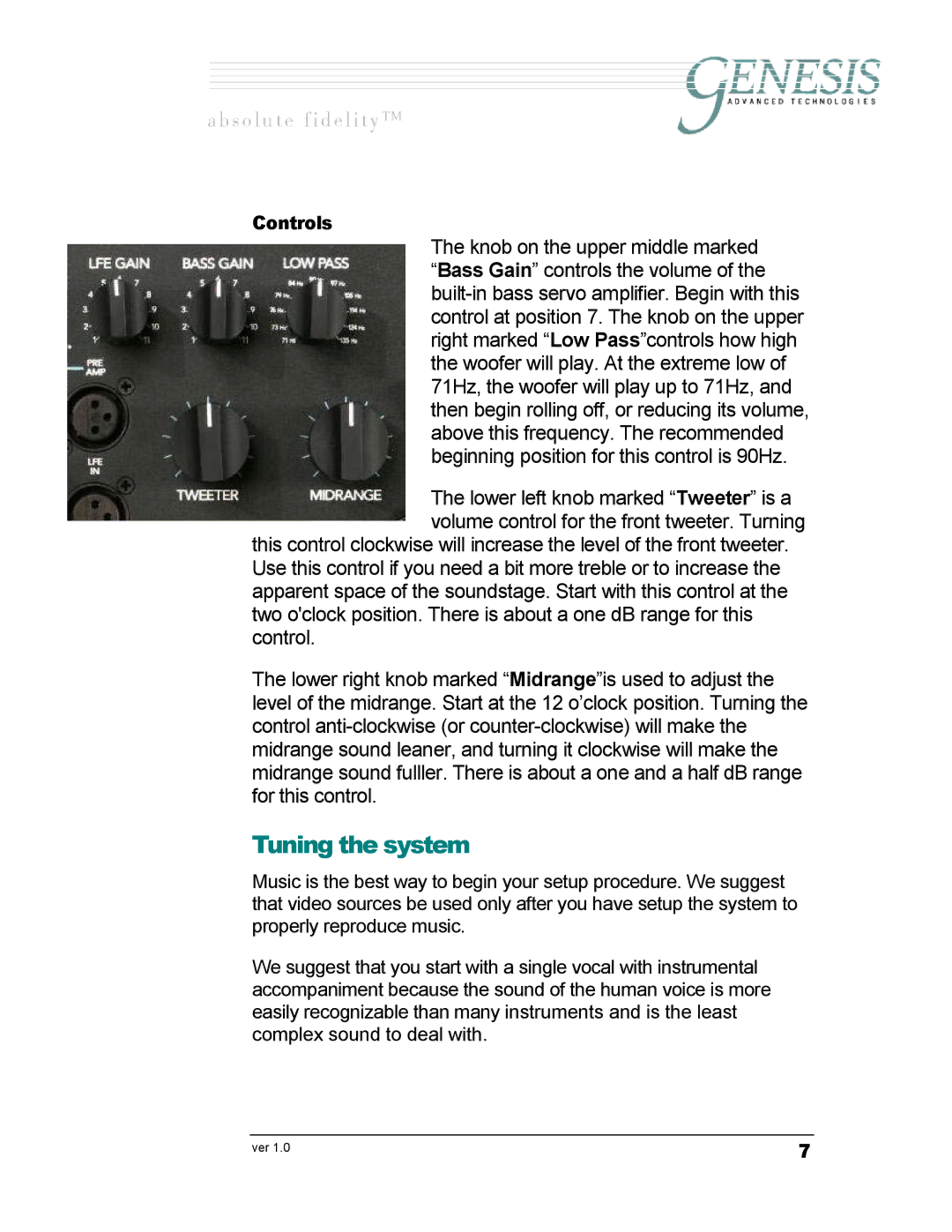 Genesis I.C.E Genesis 5.2 owner manual Tuning the system, Controls 