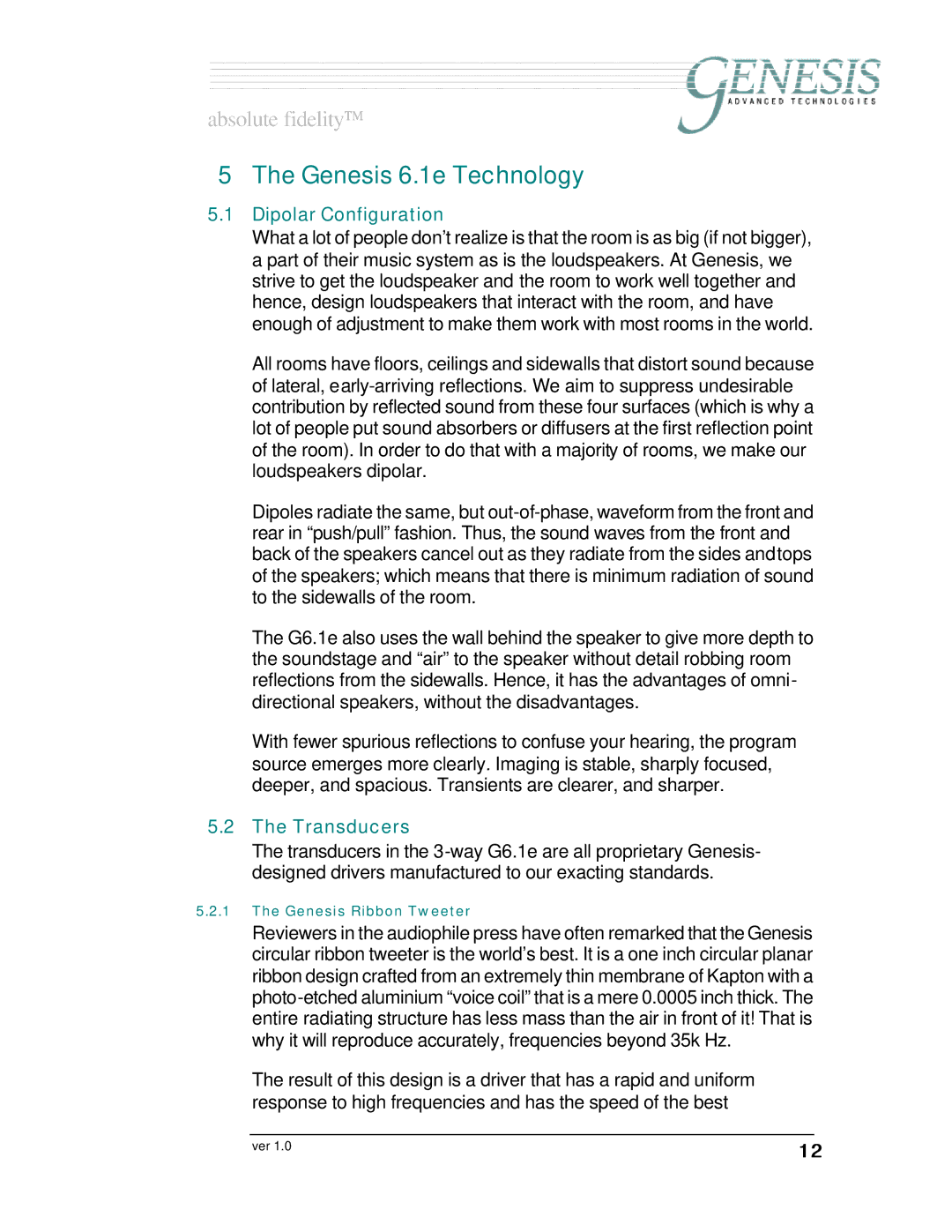 Genesis I.C.E owner manual Genesis 6.1e Technology, Dipolar Configuration, Transducers 