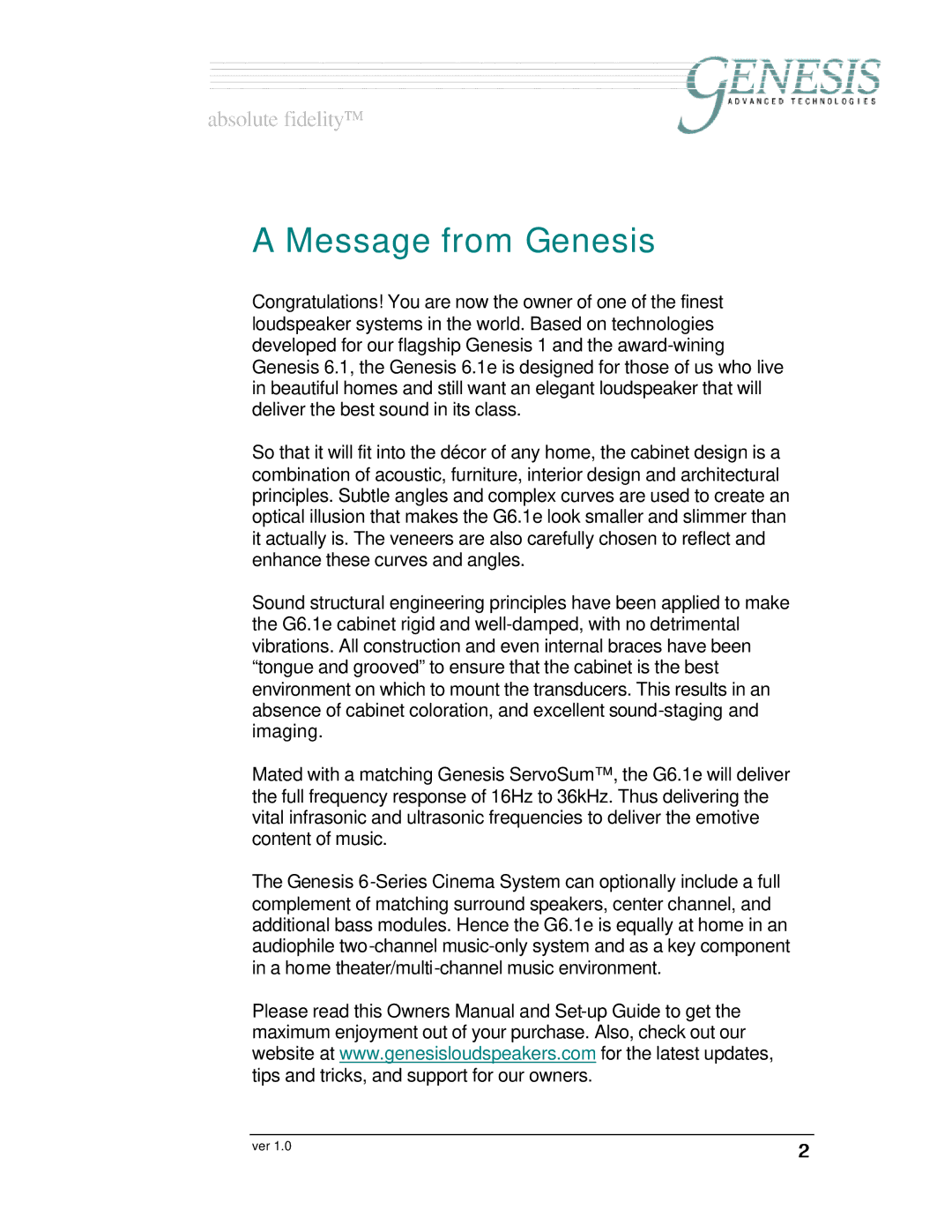 Genesis I.C.E Genesis 6.1e owner manual Message from Genesis 