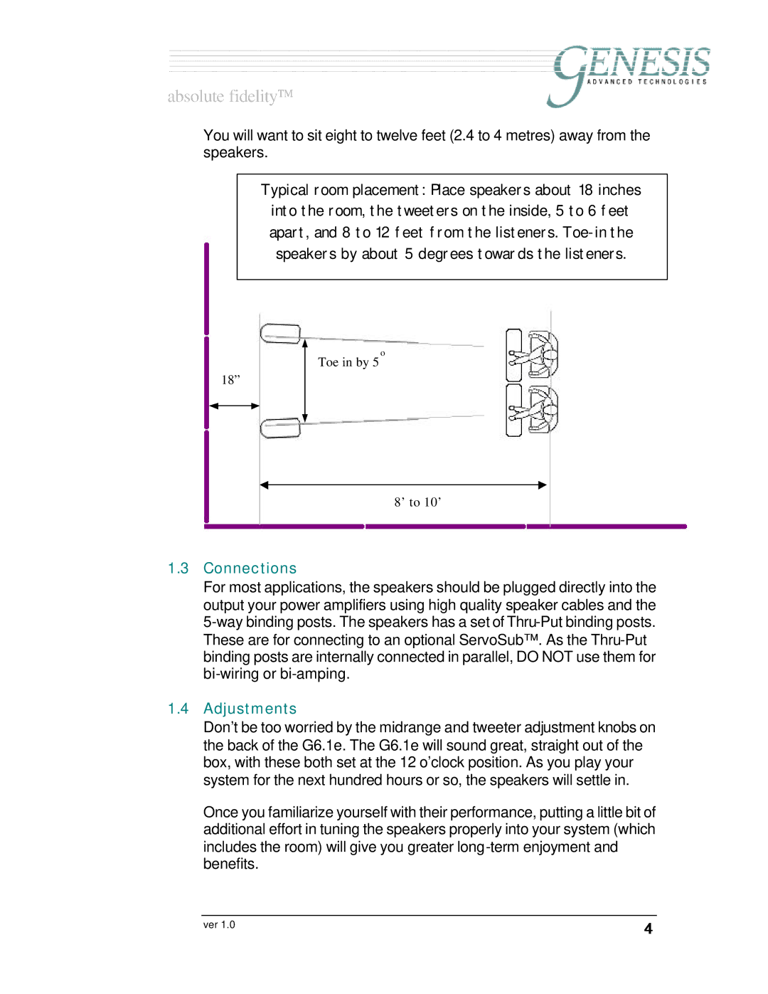 Genesis I.C.E Genesis 6.1e owner manual Connections, Adjustments 