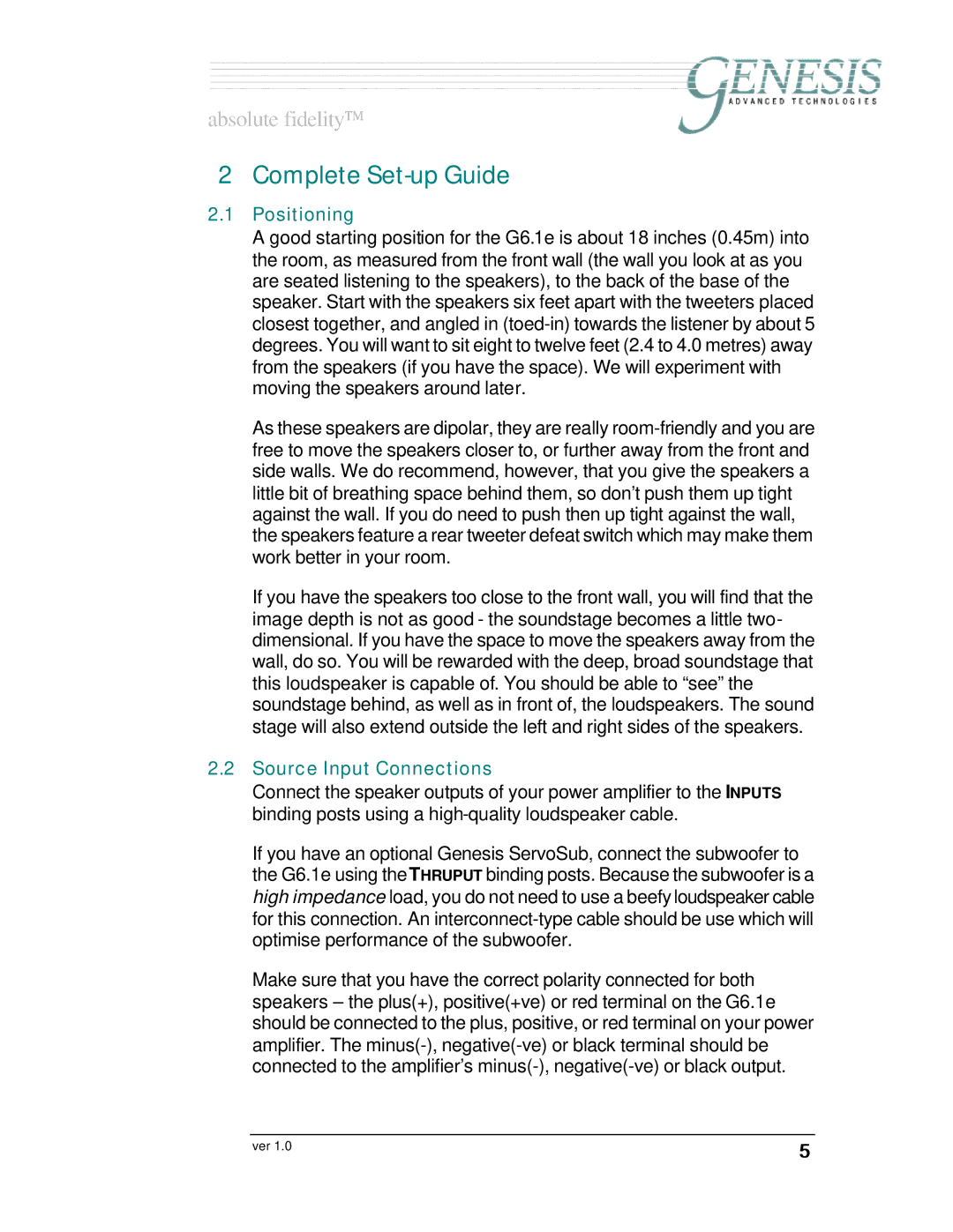 Genesis I.C.E Genesis 6.1e owner manual Complete Set-up Guide, Positioning, Source Input Connections 