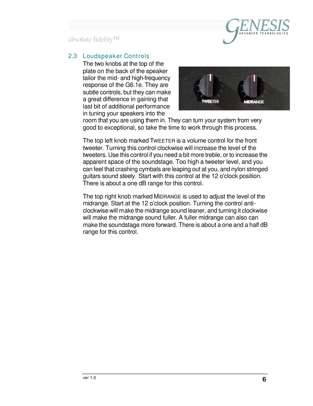 Genesis I.C.E Genesis 6.1e owner manual Loudspeaker Controls 