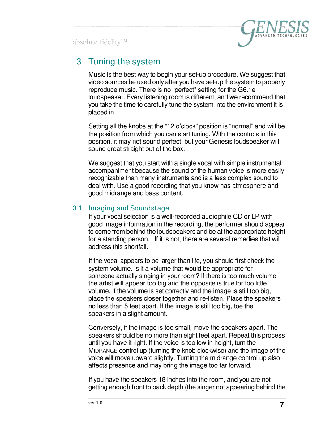 Genesis I.C.E Genesis 6.1e owner manual Tuning the system, Imaging and Soundstage 