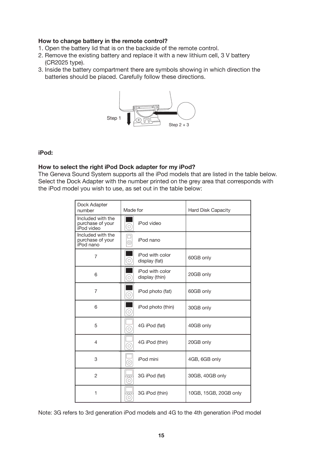 Geneva Lab XL How to change battery in the remote control?, IPod How to select the right iPod Dock adapter for my iPod? 