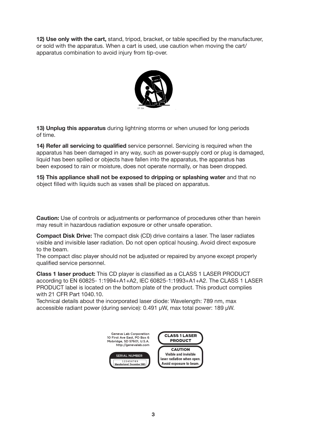 Geneva Lab XL manual Class 1 Laser Product 