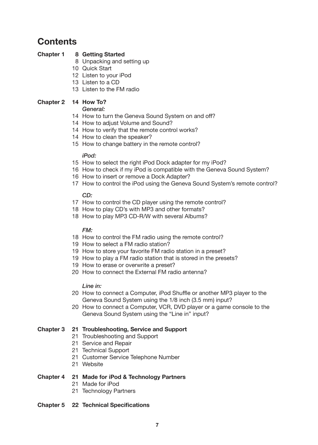 Geneva Lab XL manual Contents 